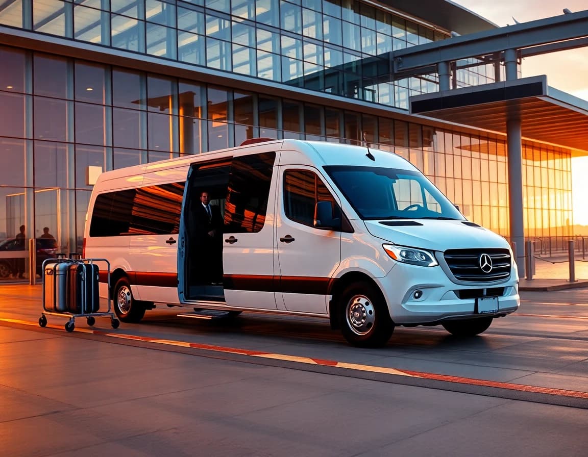 Airport shuttle van at terminal curb — DFW & Love Field transfers to AT&T Stadium