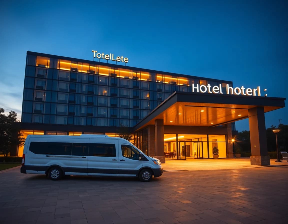 Upscale hotel at twilight with shuttle van at the porte-cochère — Arlington & DFW match-day stays