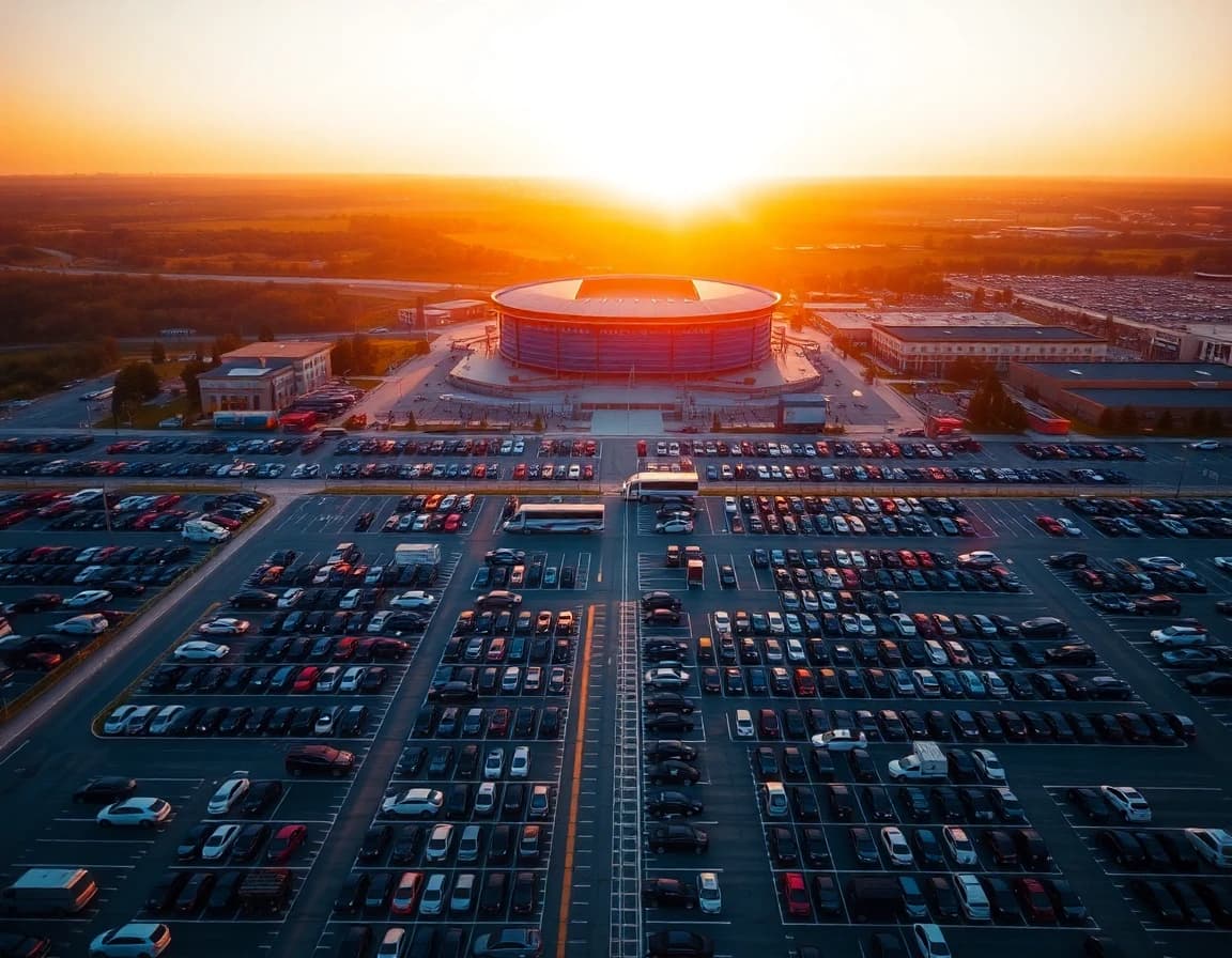 Aerial of stadium-area parking lot at golden hour with shuttle buses lined up — park-and-ride for World Cup 2026